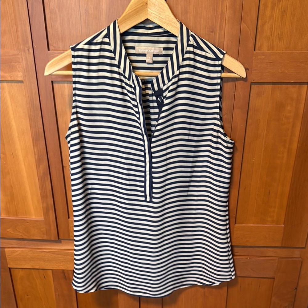 Banana Republic White and Blue Striped Sleeveless Blouse